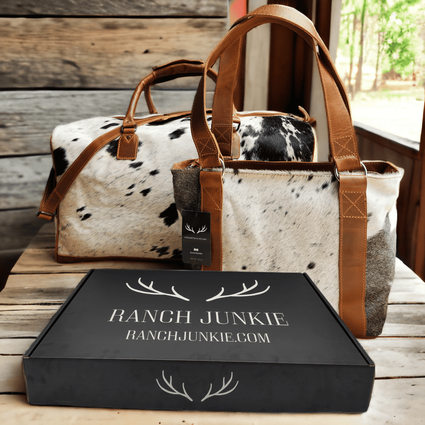 Bundle Deal -The Black Highlands Large Genuine Cowhide Weekender Duffel Bag+ Black Tote Cowhide Purse - Ranch Junkie Mercantile LLC