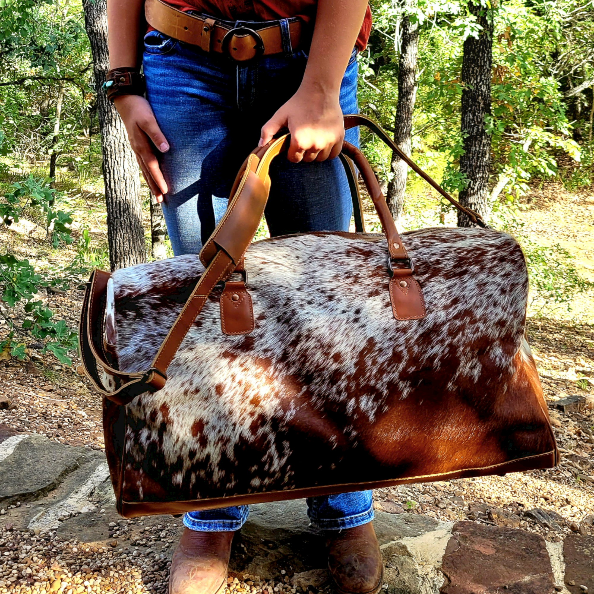 Mega Bundle Deal -The Highlands Large Genuine Cowhide Weekender Duffel Saddle+ Saddle Crossbody +Wristlet Clutch Saddle - Ranch Junkie Mercantile LLC 