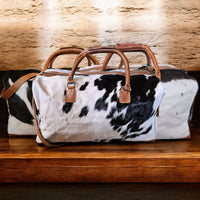 Bundle Deal Highlands Large Genuine Cowhide Weekender Duffel White And Black Spot + Cowhide Tote Bag - Ranch Junkie Mercantile LLC 