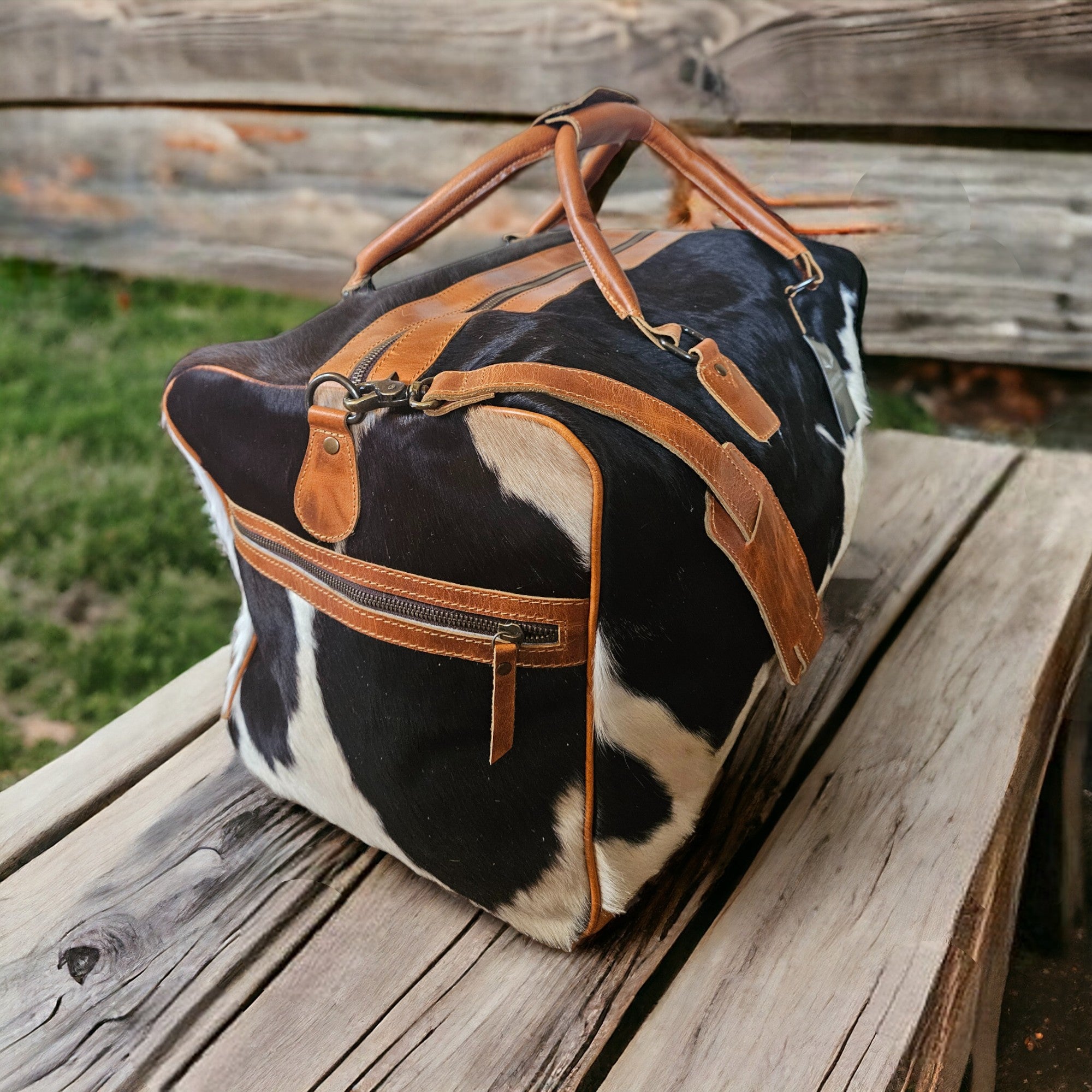 Bundle Deal Highlands Large Genuine Cowhide Weekender Duffel Mostly Black + Cowhide Tote Bag - Ranch Junkie Mercantile LLC 