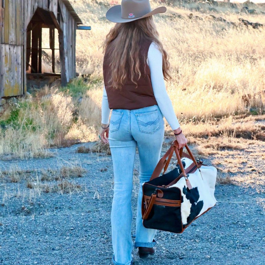 Bundle Deal Highlands Large Genuine Cowhide Weekender Duffel Mostly Black + Cowhide Tote Bag - Ranch Junkie Mercantile LLC 