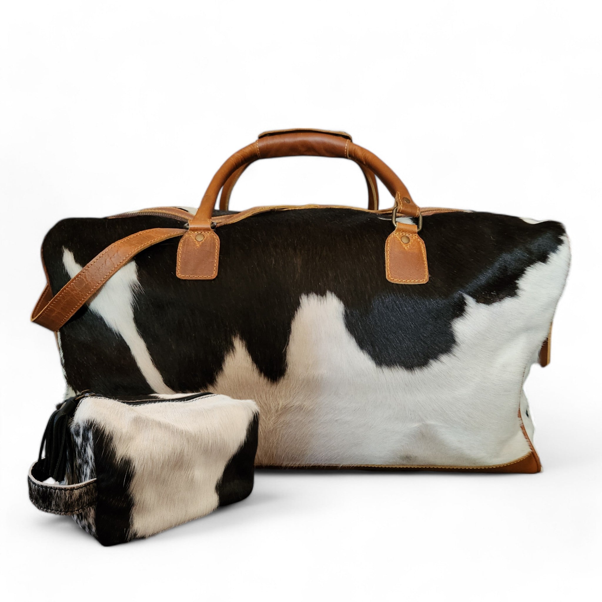 Bundle Deal Black Highlands Large Genuine Cowhide Weekender Duffel Bag+ Black Cosmetic Pouch Highlands Cowhide Makeup Bag - Ranch Junkie Mercantile LLC 