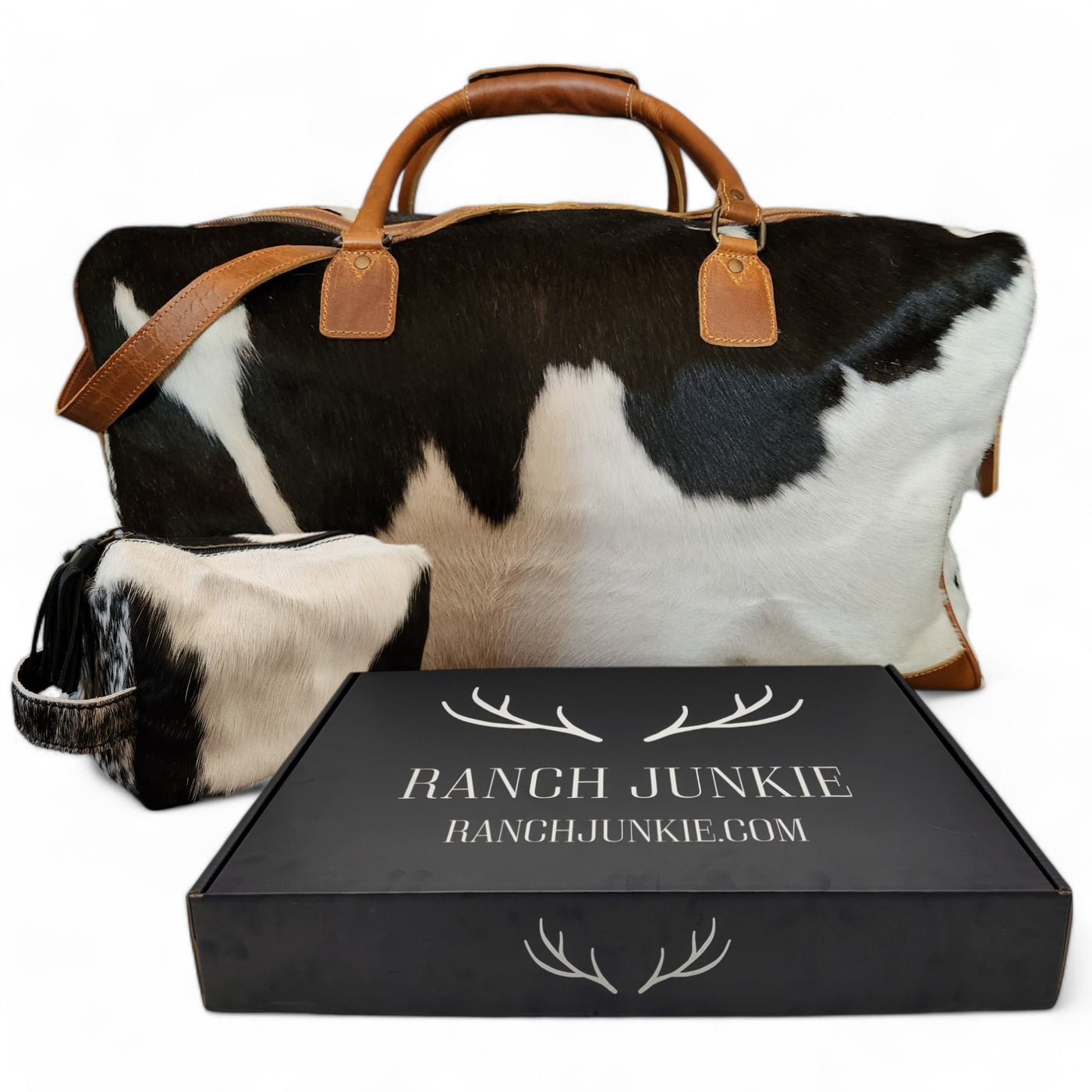 Bundle Deal Black Highlands Large Genuine Cowhide Weekender Duffel Bag+ Black Cosmetic Pouch Highlands Cowhide Makeup Bag - Ranch Junkie Mercantile LLC 