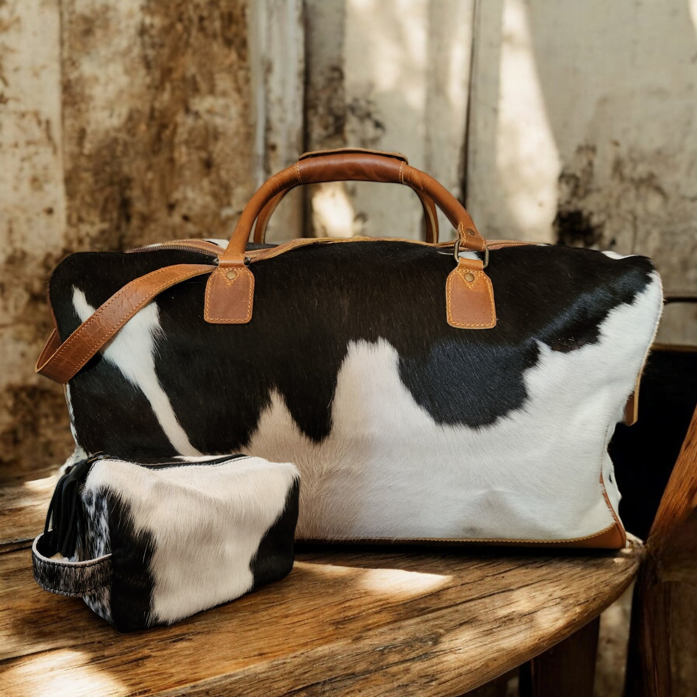 Bundle Deal Black Highlands Large Genuine Cowhide Weekender Duffel Bag+ Black Cosmetic Pouch Highlands Cowhide Makeup Bag - Ranch Junkie Mercantile LLC 