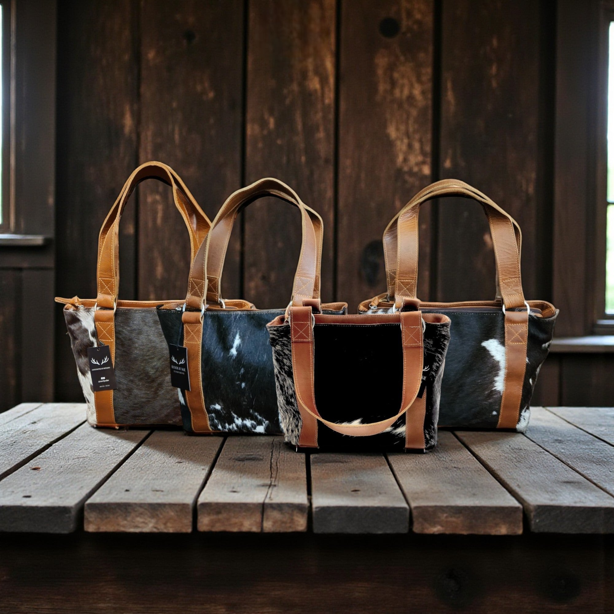 Genuine Cowhide Tote Handbag Black Cowhide Highlands Purse - Ranch Junkie Mercantile LLC 