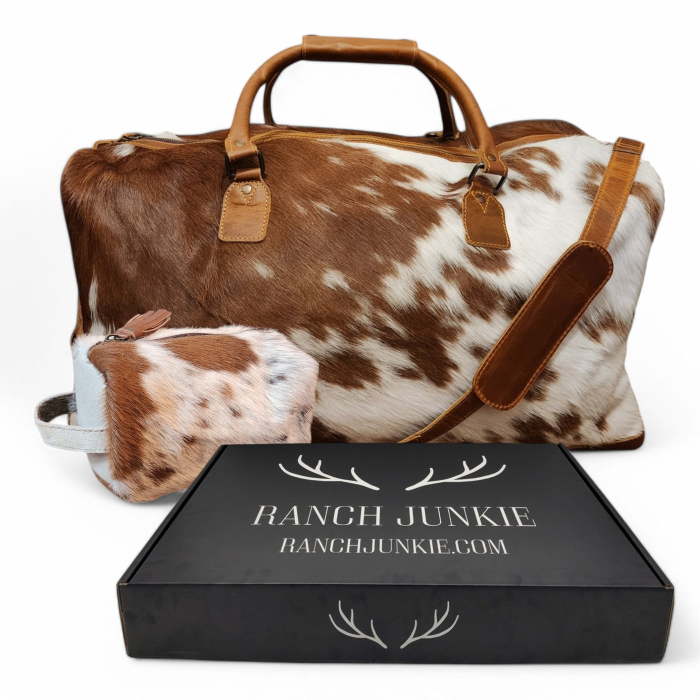 Bundle Deal Highlands Large Caramel Genuine Cowhide Duffel Bag+ Caramel Cosmetic Pouch Highlands Cowhide Makeup Bag - Ranch Junkie Mercantile LLC 
