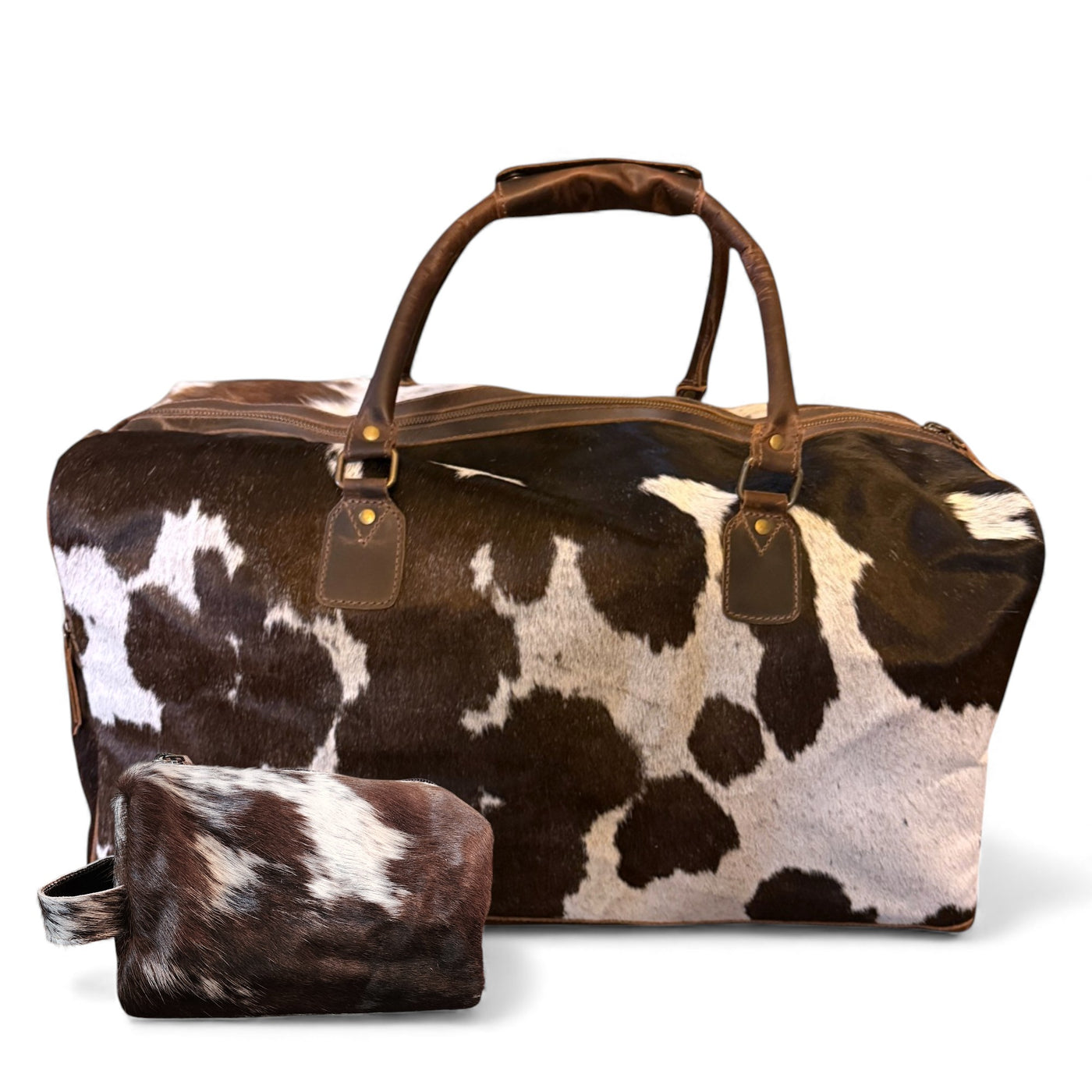 Bundle Deal Chocolate Cowhide Travel Duo – Duffel + Pouch - Ranch Junkie Mercantile LLC 