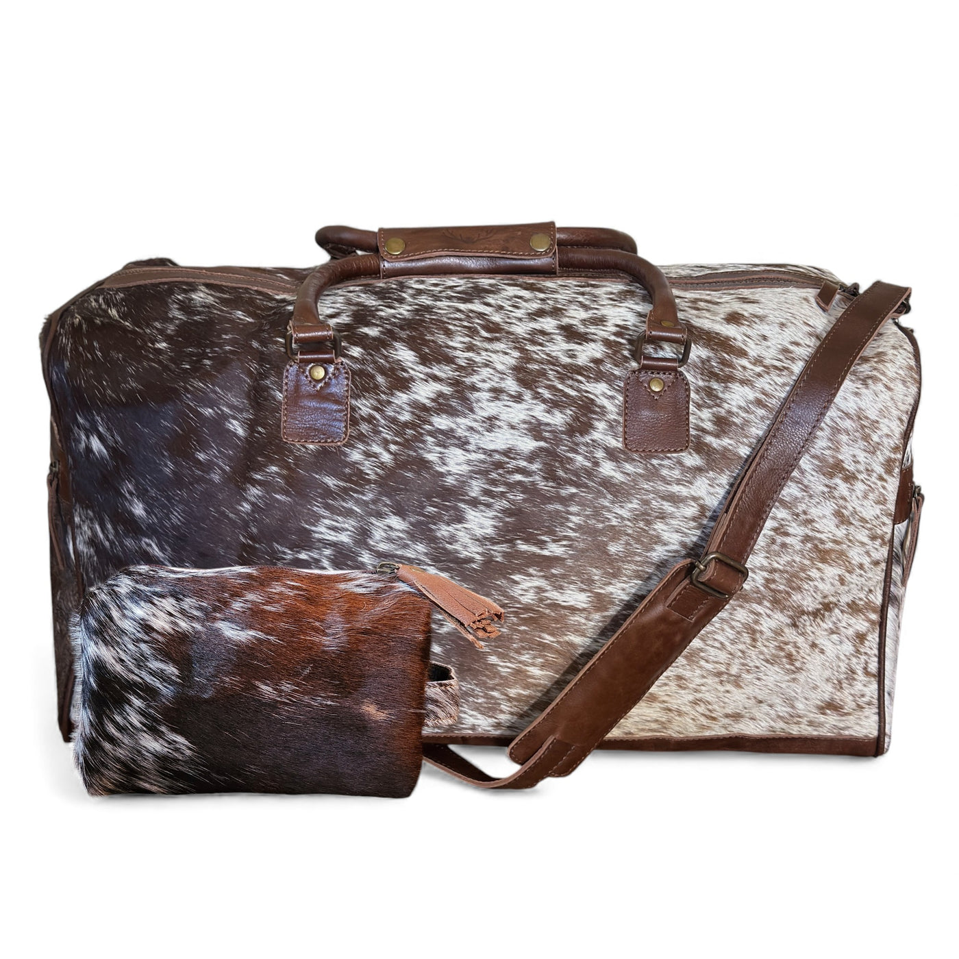 Bundle Deal Chocolate Cowhide Travel Duo – Duffel + Pouch - Ranch Junkie Mercantile LLC 