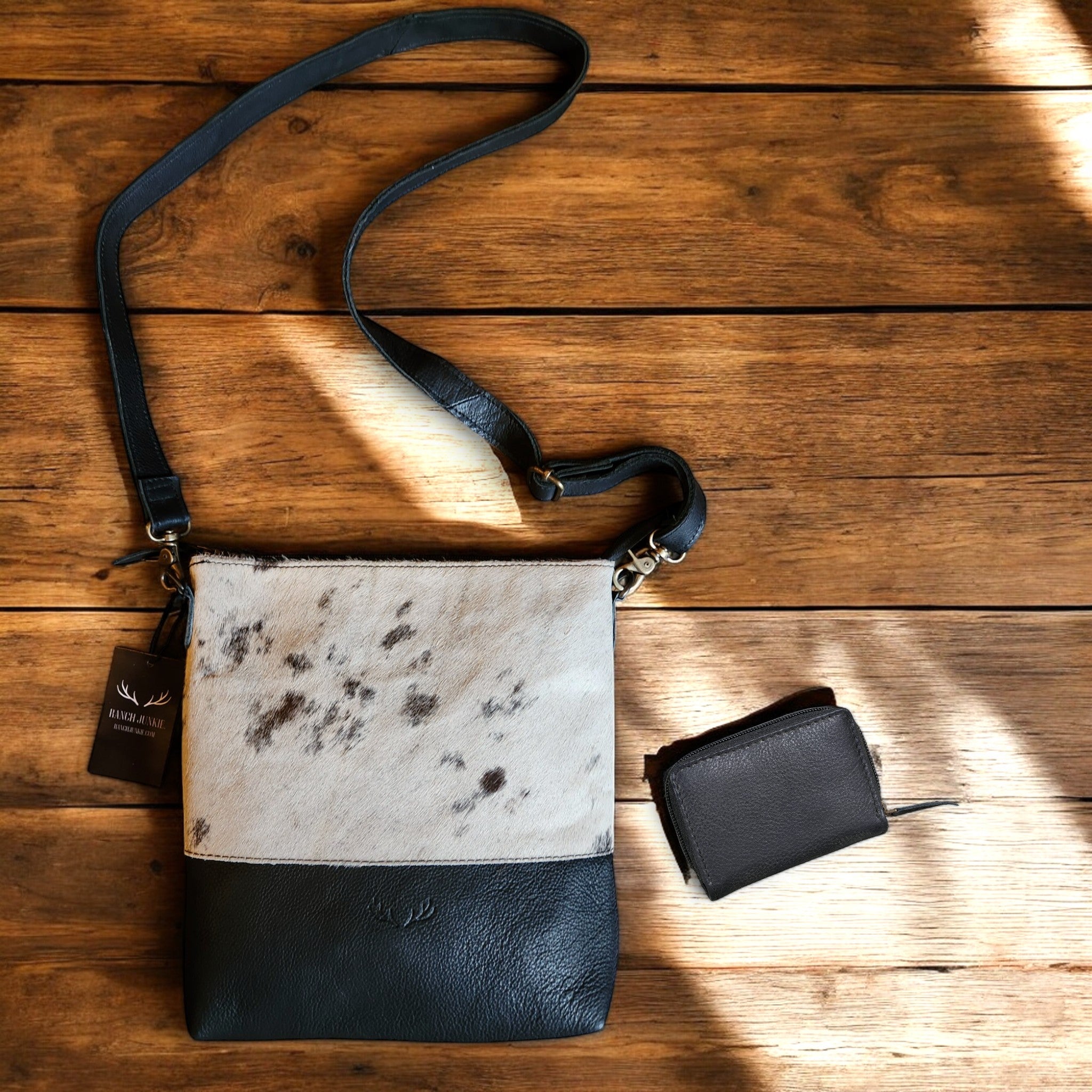 Bundle Deal Highlands Black Cowhide Crossbody Purse + Cowhide Credit Card Wallet - Ranch Junkie Mercantile LLC 