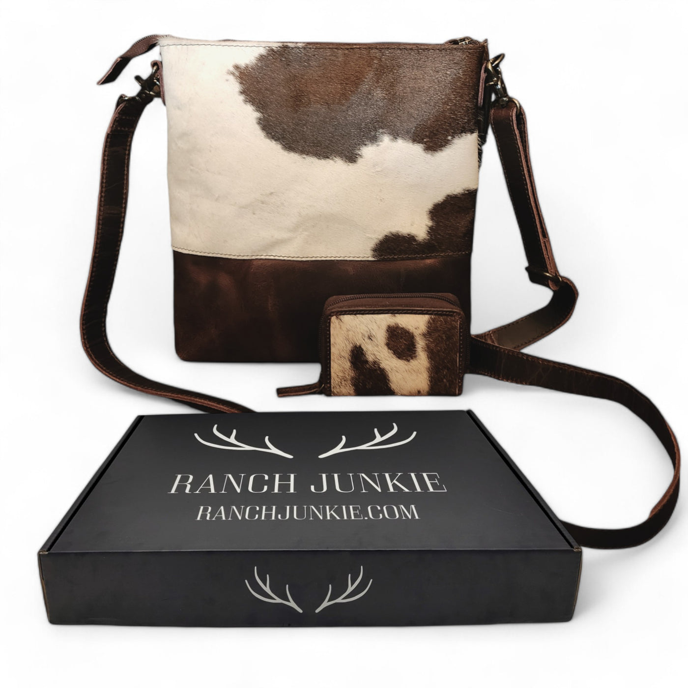 Bundle Deal Dark Vintage Brown Highlands Cowhide Crossbody Purse + Cowhide Credit Card Wallet - Ranch Junkie Mercantile LLC 