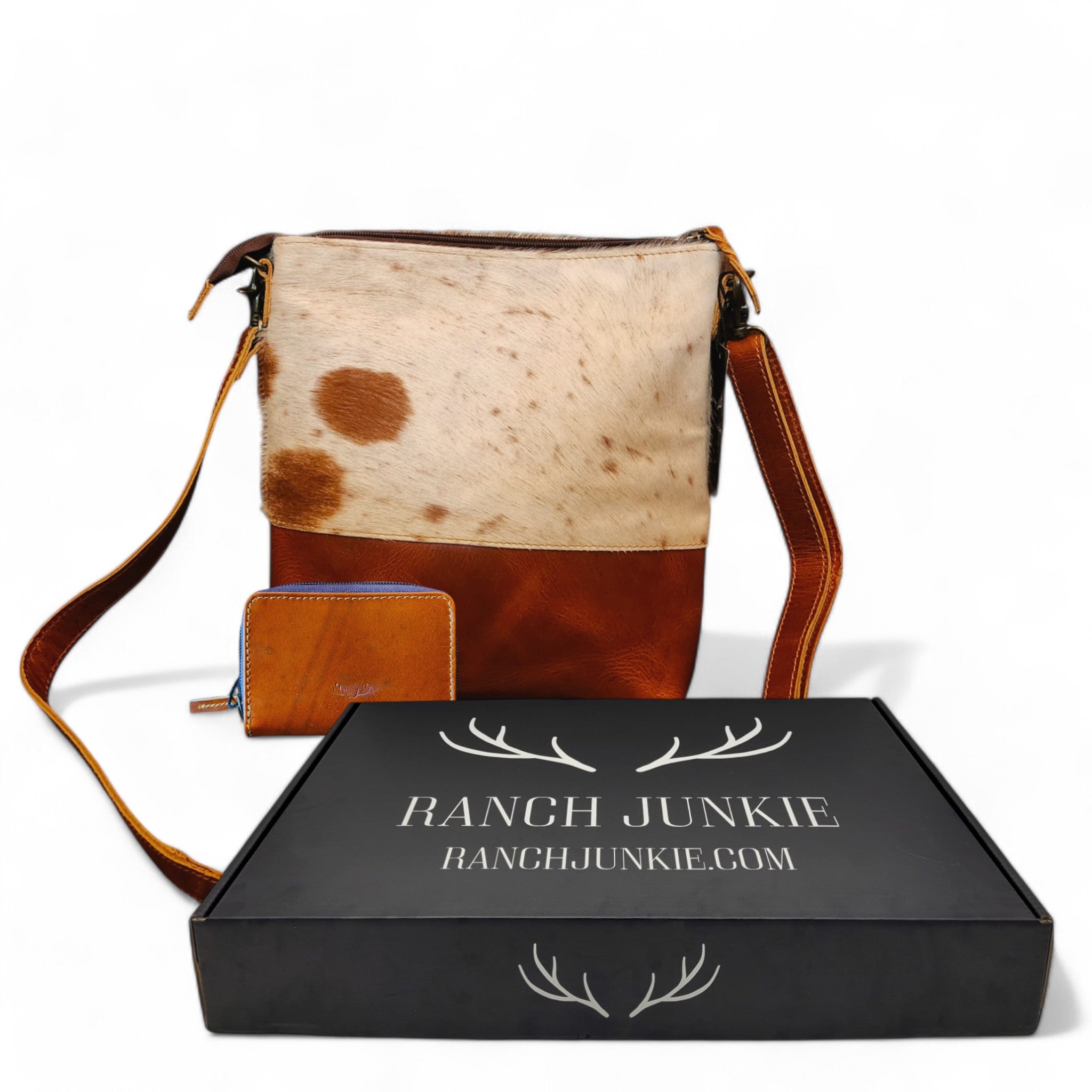Bundle Deal Highlands Saddle Cowhide Crossbody Purse + Cowhide Credit Card Wallet - Ranch Junkie Mercantile LLC 