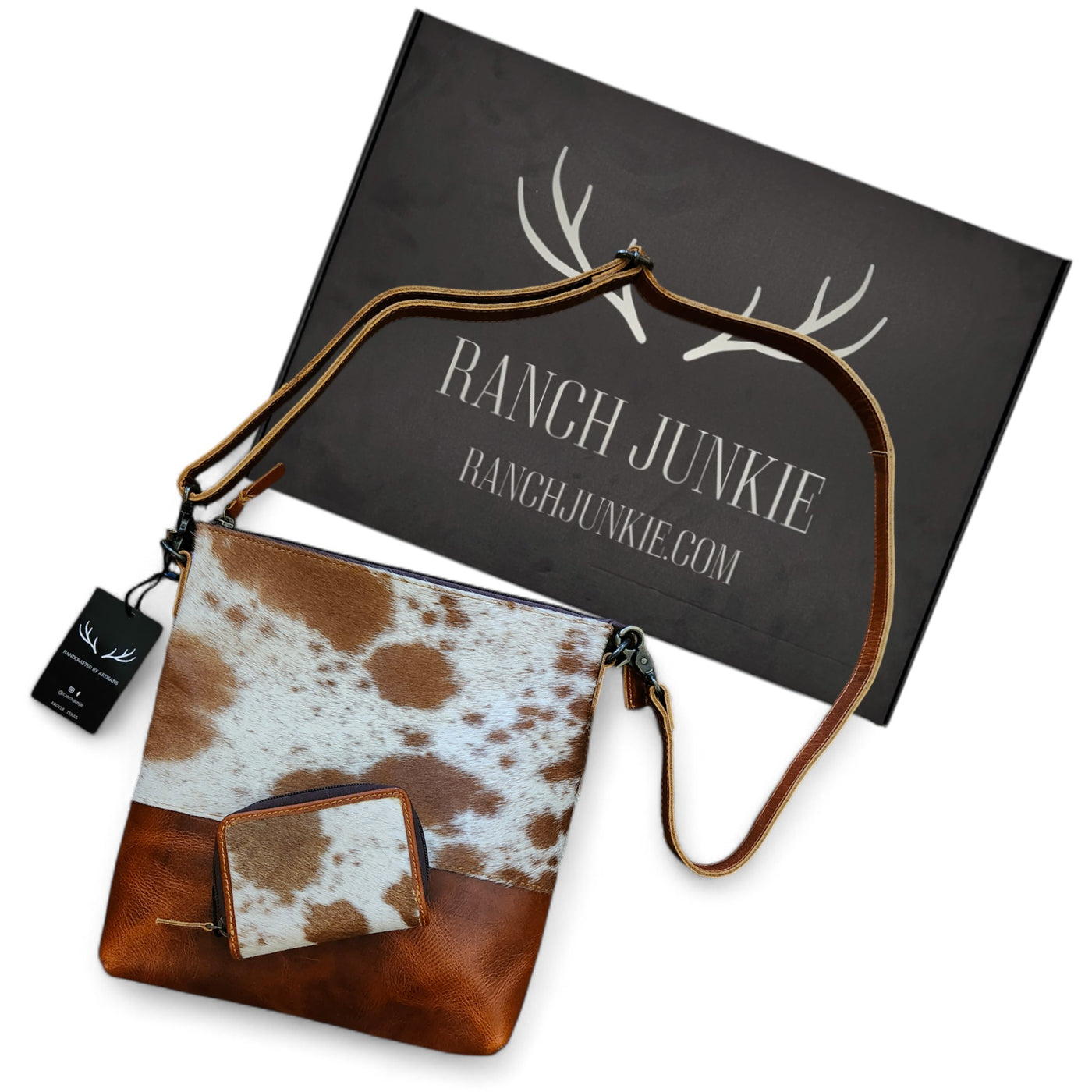 Bundle Deal Highlands Saddle Cowhide Crossbody Purse + Cowhide Credit Card Wallet - Ranch Junkie Mercantile LLC 