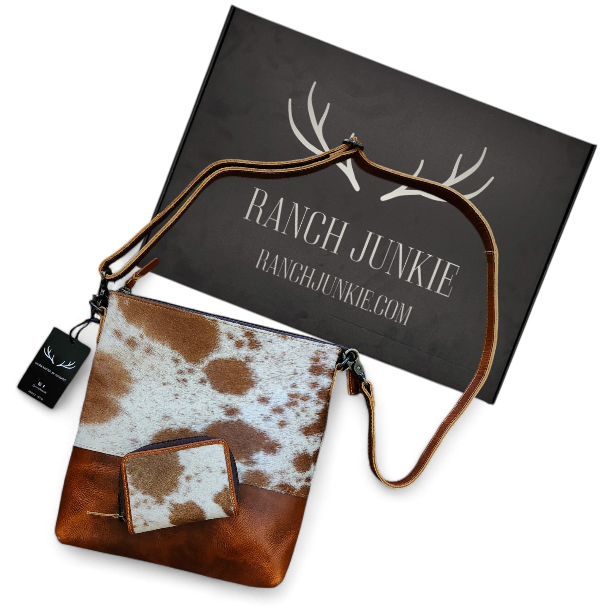 Bundle Deal Highlands Saddle Cowhide Crossbody Purse + Cowhide Credit Card Wallet - Ranch Junkie Mercantile LLC 