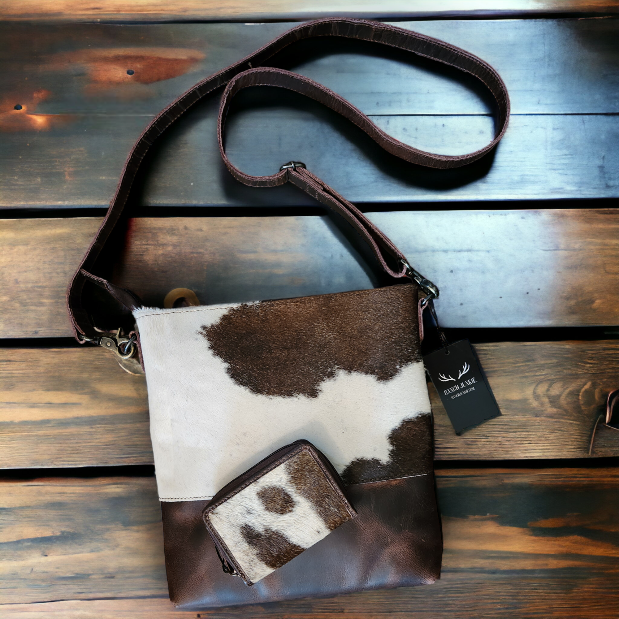 Bundle Deal Dark Vintage Brown Highlands Cowhide Crossbody Purse + Cowhide Credit Card Wallet - Ranch Junkie Mercantile LLC 