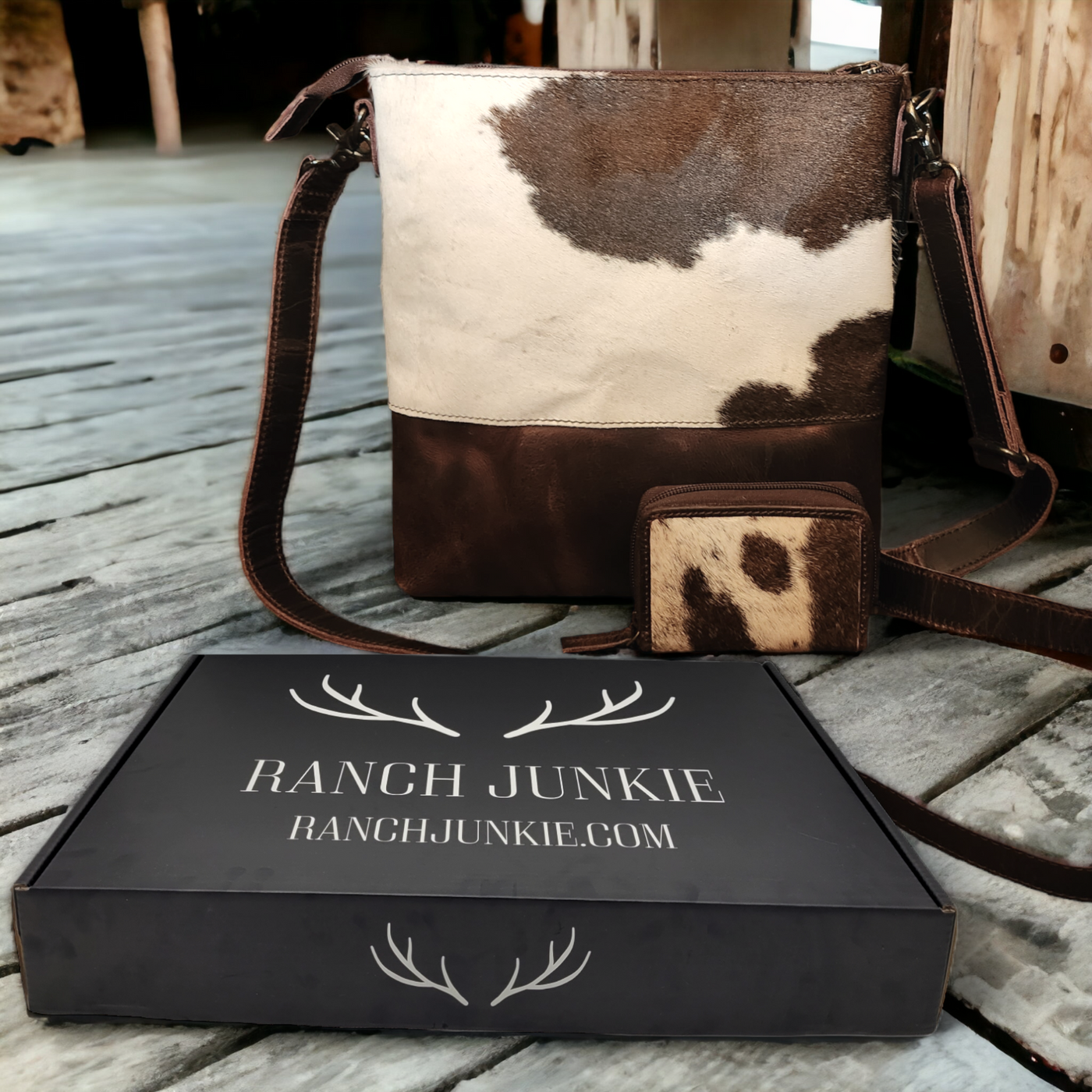 Bundle Deal Dark Vintage Brown Highlands Cowhide Crossbody Purse + Cowhide Credit Card Wallet - Ranch Junkie Mercantile LLC 