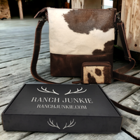 Bundle Deal Dark Vintage Brown Highlands Cowhide Crossbody Purse + Cowhide Credit Card Wallet - Ranch Junkie Mercantile LLC 