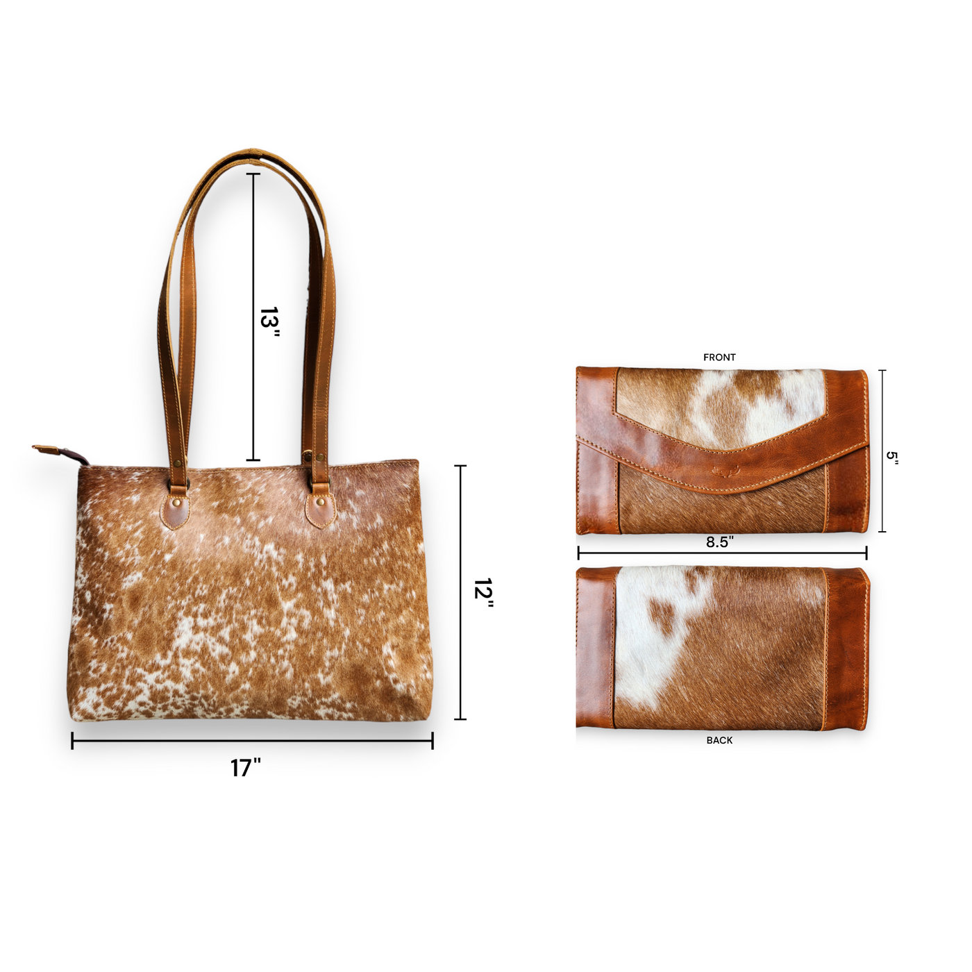 Bundle Deal Highlands Cowhide Large Tote Saddle + Envelope Cowhide Large Wallet Saddle - Ranch Junkie Mercantile LLC 