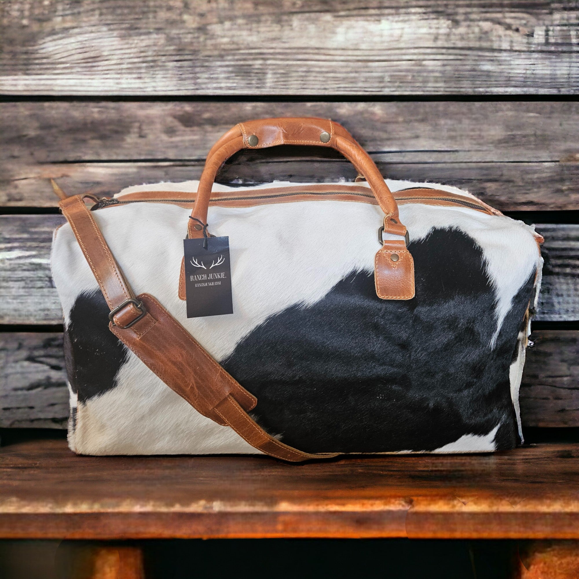 Bundle Deal Black Highlands Large Genuine Cowhide Weekender Duffel Bag+ Black Cosmetic Pouch Highlands Cowhide Makeup Bag - Ranch Junkie Mercantile LLC 