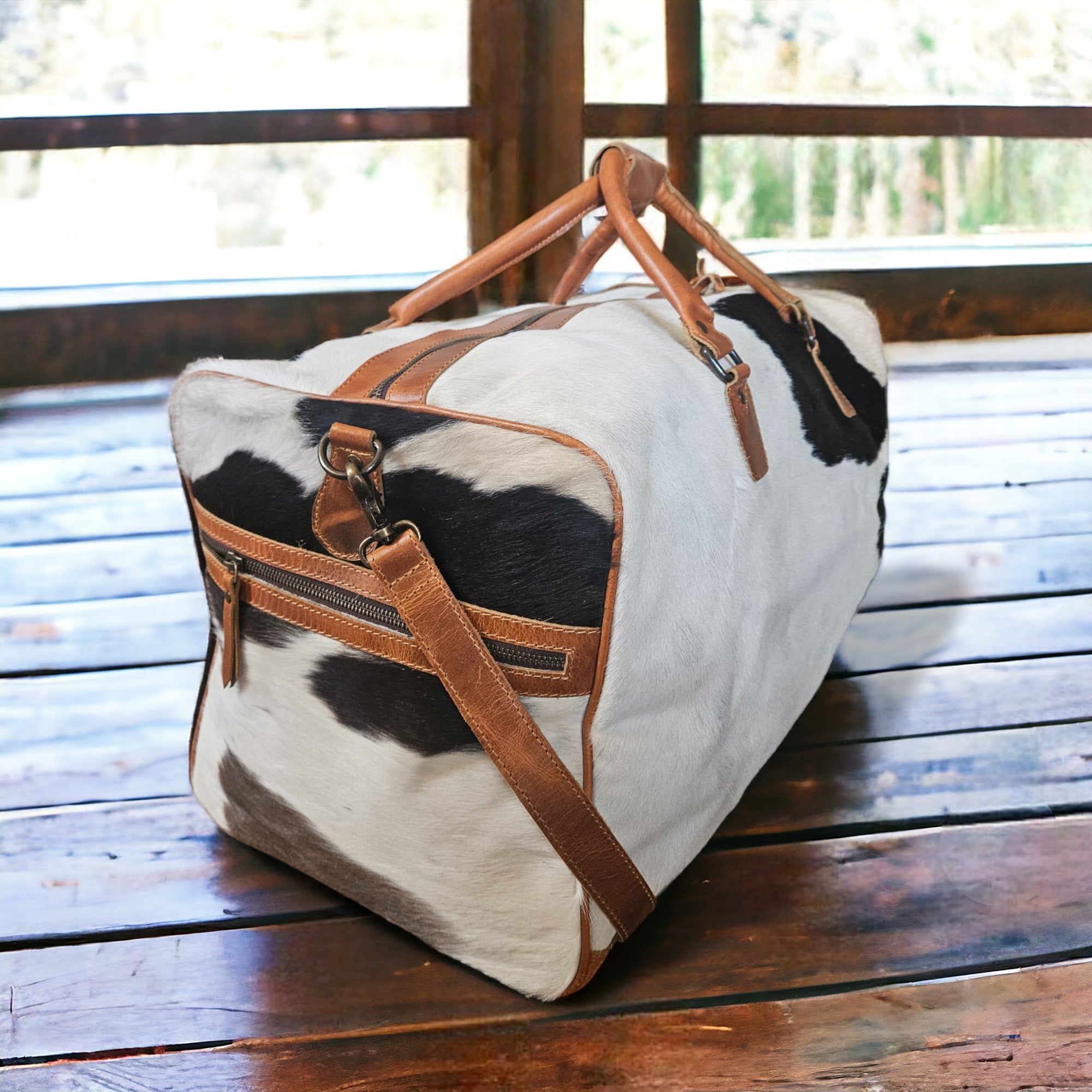 Bundle Deal Black Highlands Large Genuine Cowhide Weekender Duffel Bag+ Black Cosmetic Pouch Highlands Cowhide Makeup Bag - Ranch Junkie Mercantile LLC 