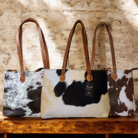 Bundle Deal Highlands Large Genuine Cowhide Weekender Duffel Tricolor + Cowhide Tote Bag - Ranch Junkie Mercantile LLC 