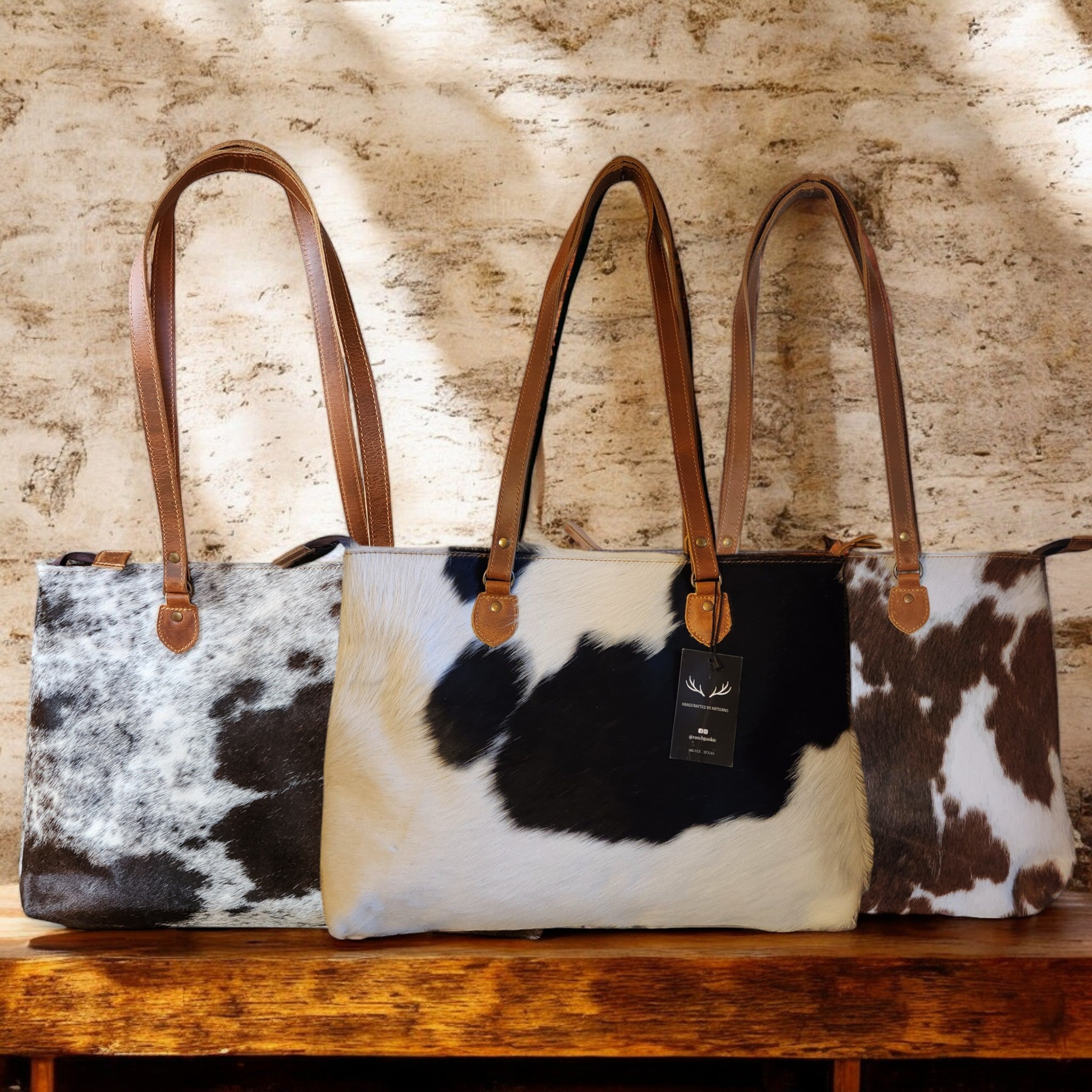 Bundle Deal Highlands Large Genuine Cowhide Weekender Duffel Tricolor + Cowhide Tote Bag - Ranch Junkie Mercantile LLC 