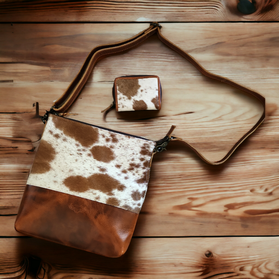 Bundle Deal Highlands Saddle Cowhide Crossbody Purse + Cowhide Credit Card Wallet - Ranch Junkie Mercantile LLC 