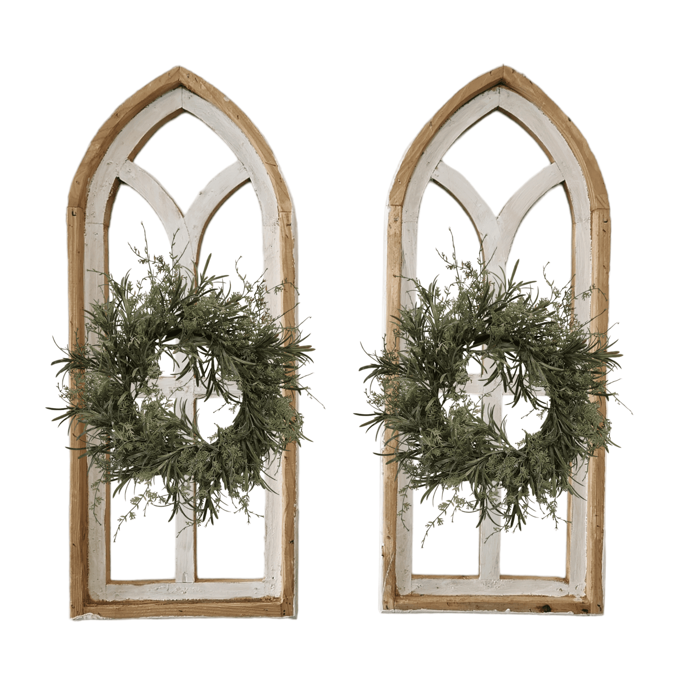 The Ivory Point Farmhouse Wooden Wall Window Arches Set of 2 -3 Sizes - Rustic Cathedral Wood Windows- Ivory Point wall windowsRanch Junkie