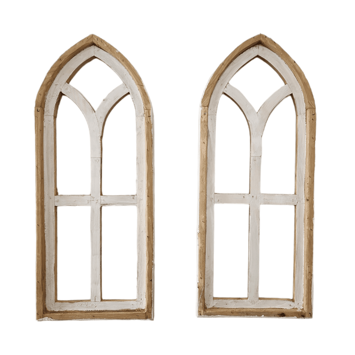 The Ivory Point Farmhouse Wooden Wall Window Arches Set of 2 -3 Sizes - Rustic Cathedral Wood Windows- Ivory Point wall windowsRanch Junkie