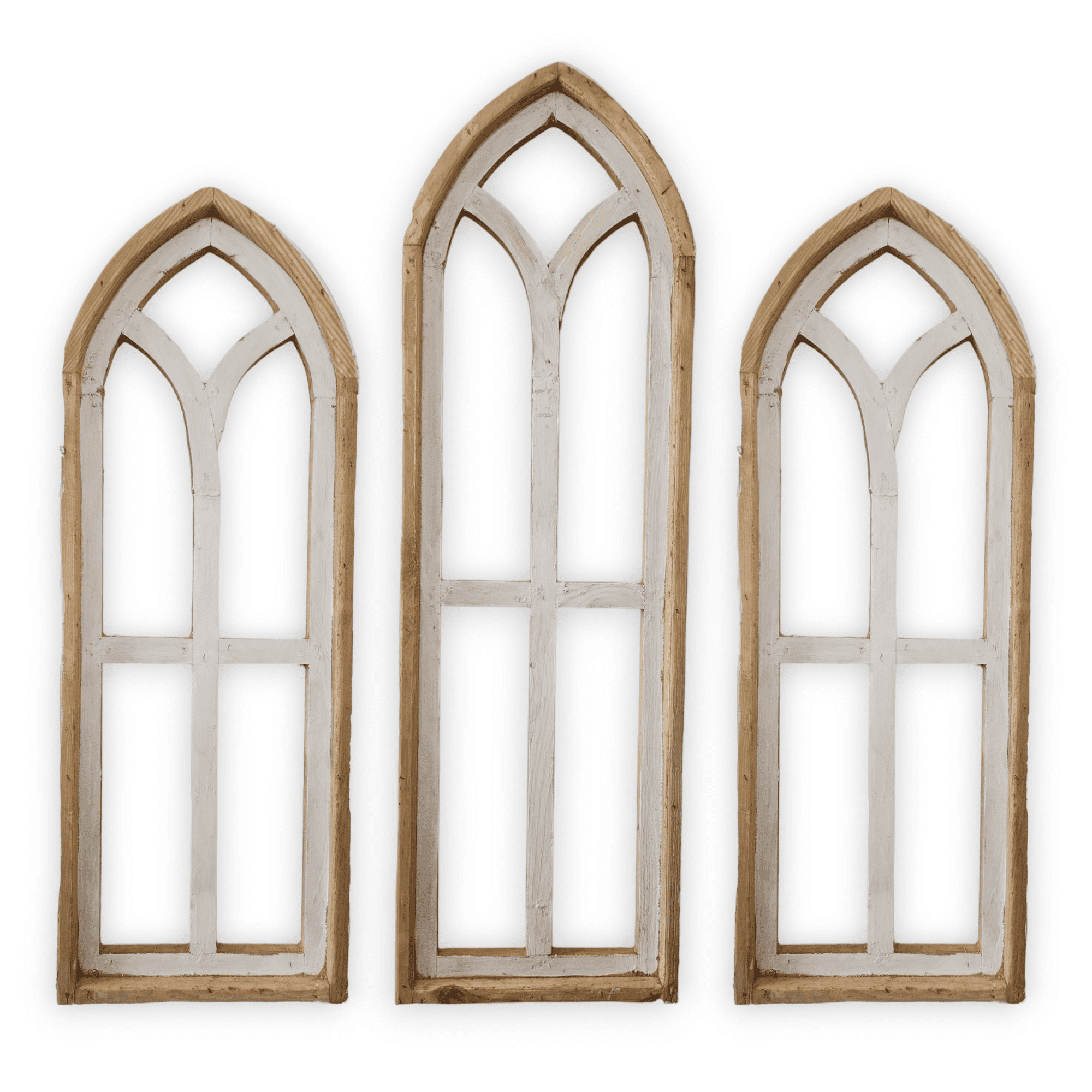 Ivory Point Cathedral Wood Window Collection - Set of 2 Medium Ivory Points + 1 Large Ivory Point  Rustic Cathedral wall windowsRanch Junkie