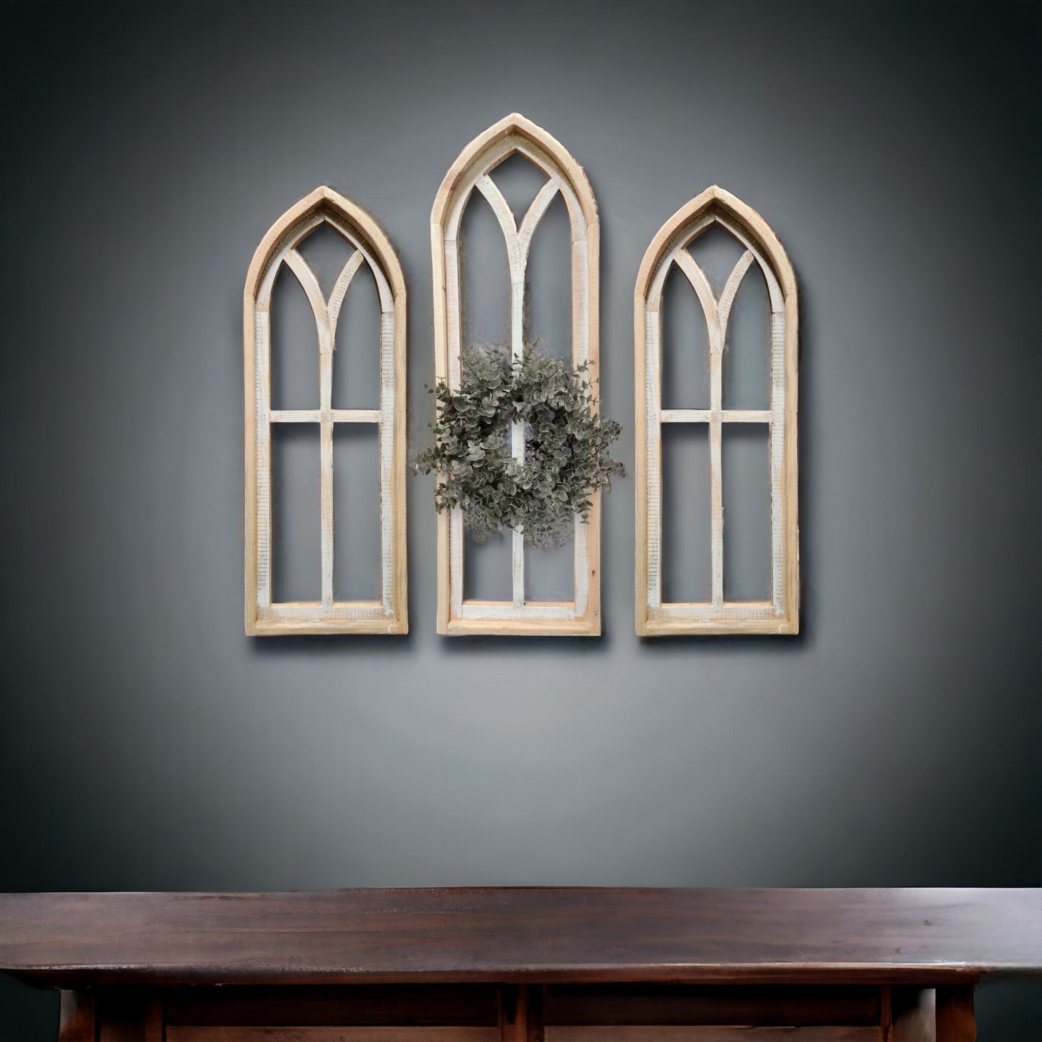 Ivory Point Cathedral Wood Window Collection - Set of 2 Medium Ivory Points + 1 Large Ivory Point  Rustic Cathedral - Ranch Junkie Mercantile LLC 
