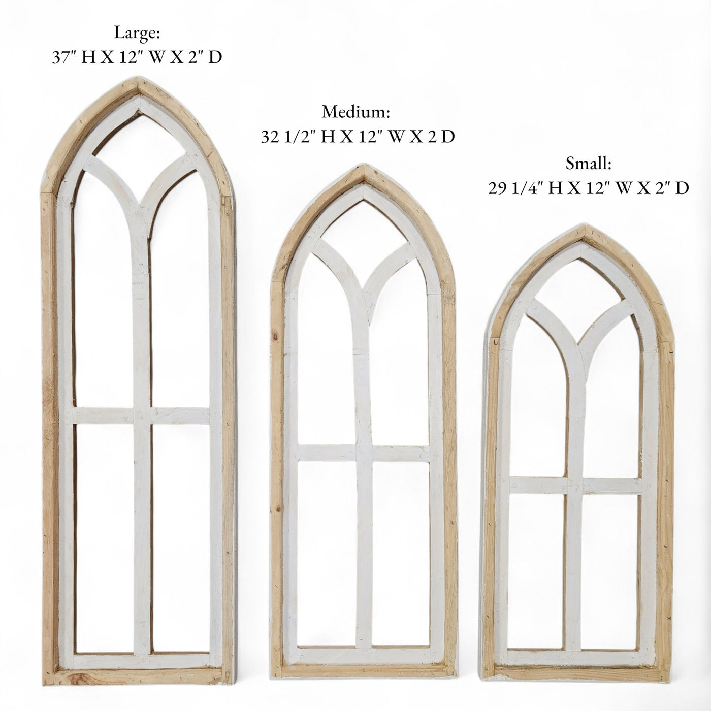 Ivory Point Farmhouse Wooden Wall Window Arches Set of 2 -3 Sizes - Rustic Cathedral Wood Windows - Ranch Junkie Mercantile LLC 
