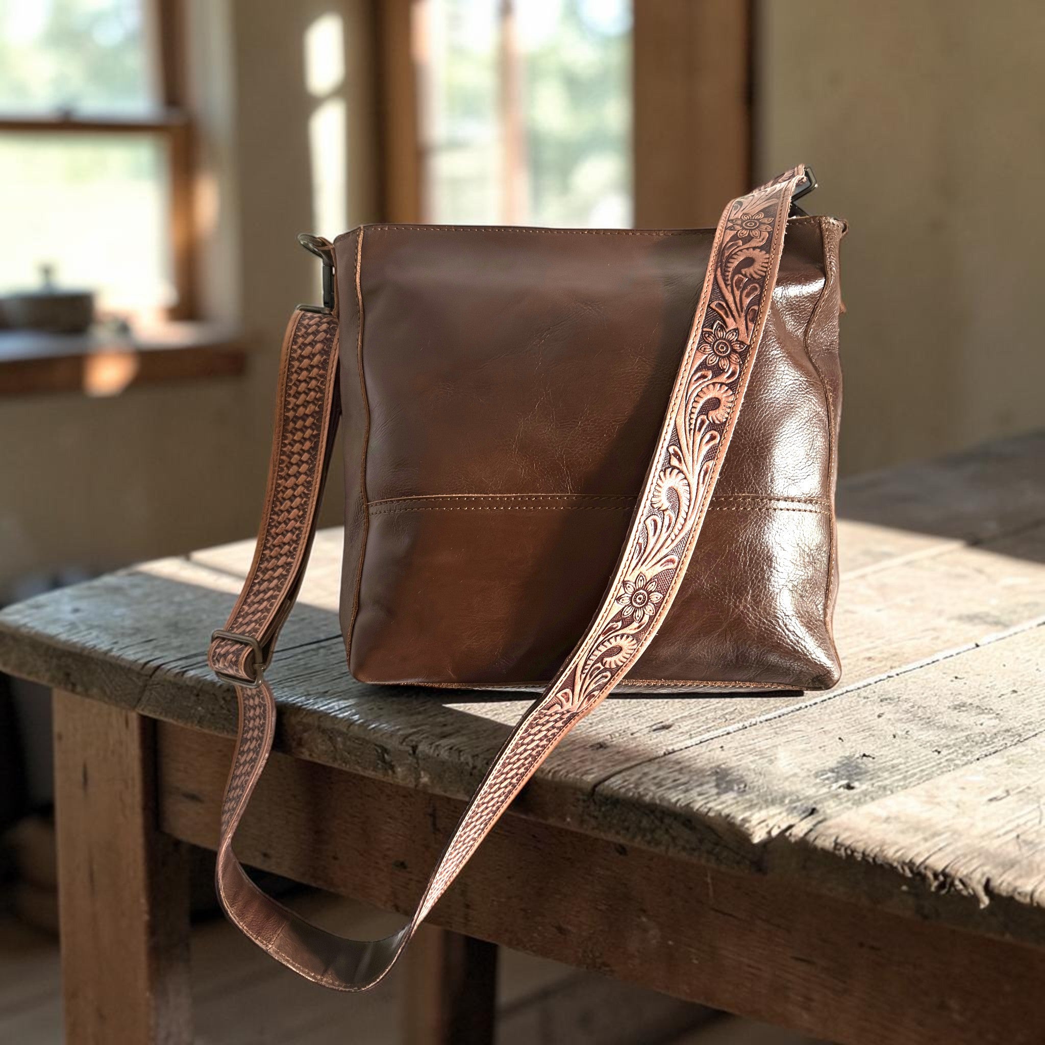Rancho Genuine Leather Bucket Purse w/ Tooled Leather Strap - Ranch Junkie LLC 