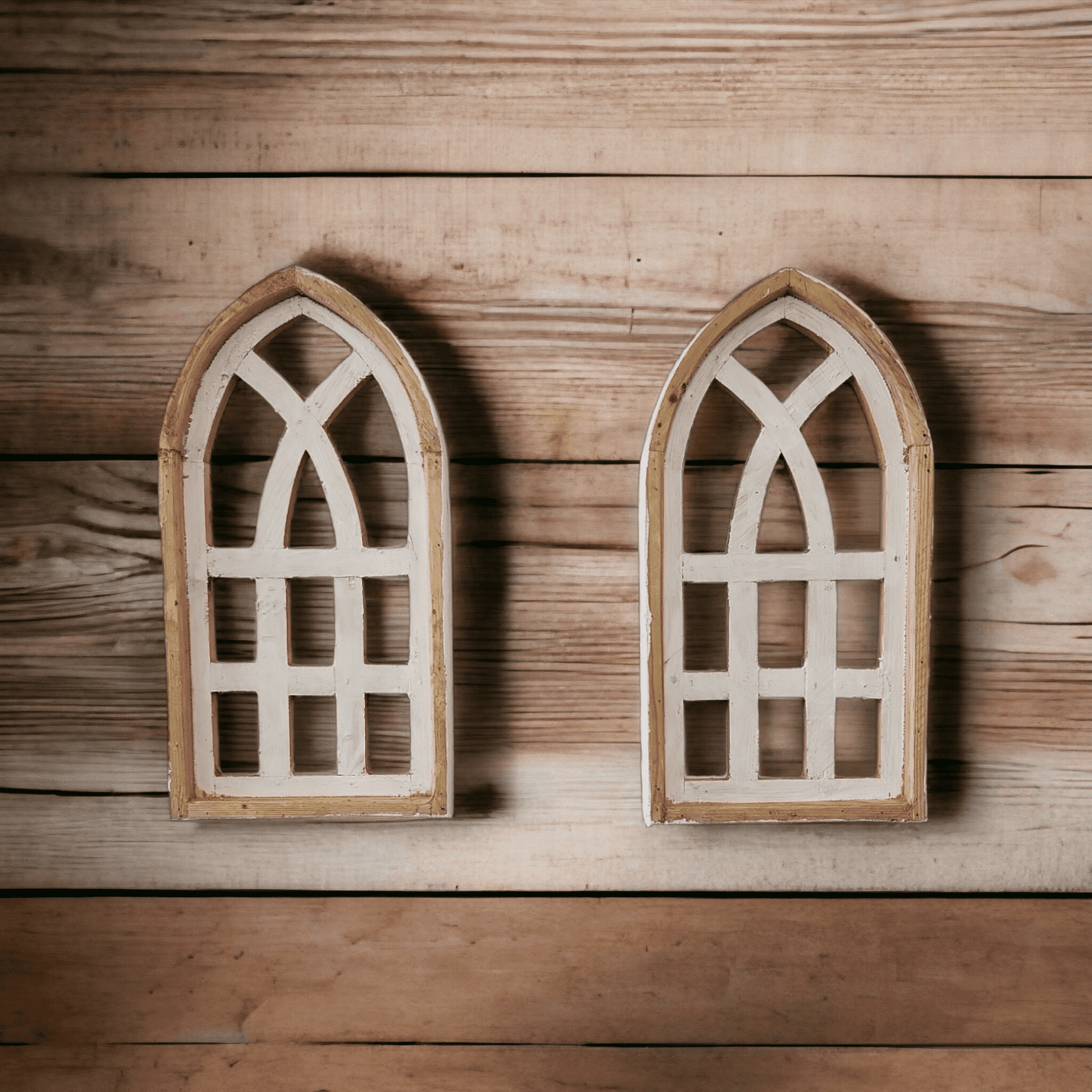 Set of 2 Mini White Waters Cathedral Wood Window - The Mini Whitewaters Cathedral Window wall windowsRanch Junkie