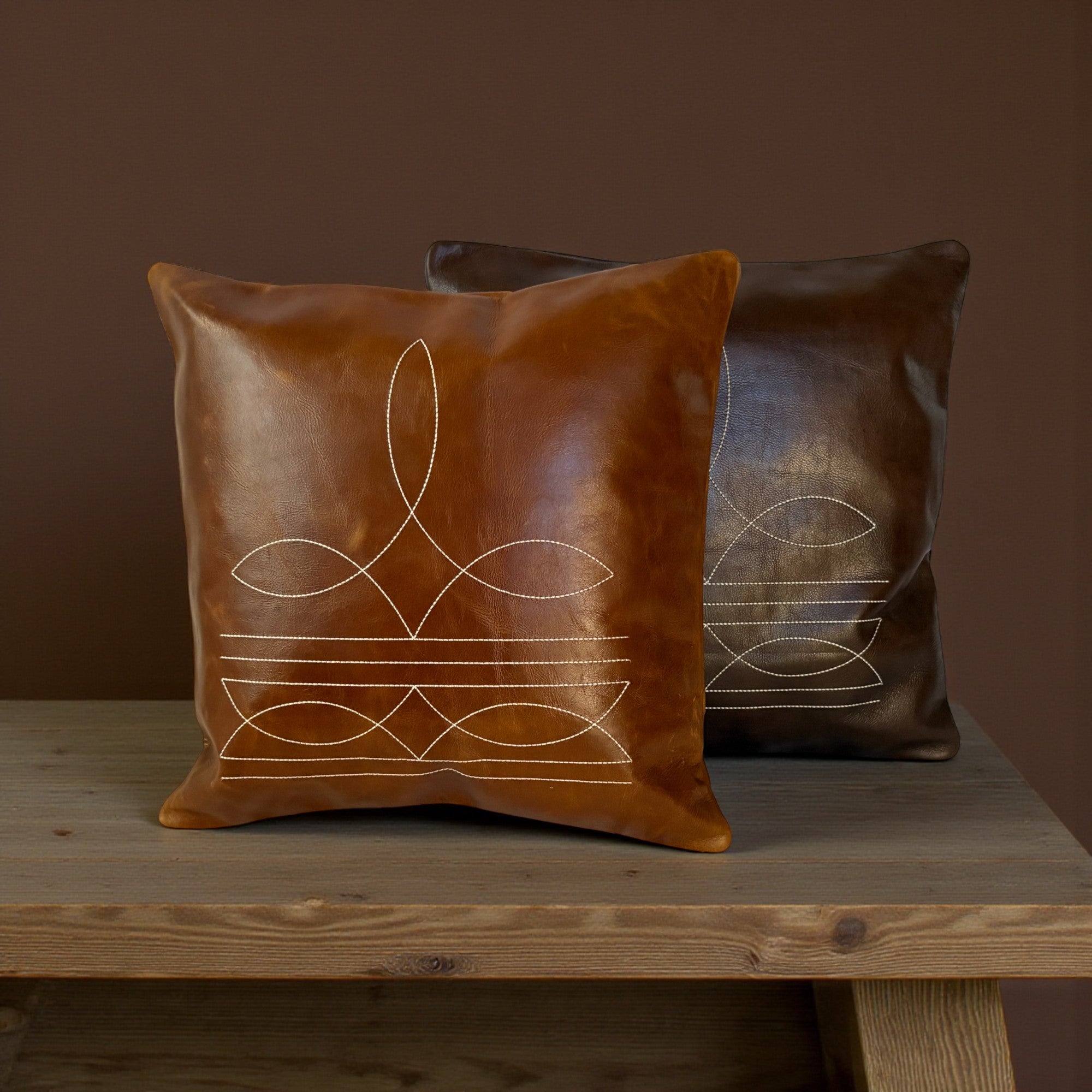 18x18 Genuine Leather Pillow Cover Rancho Boot Stitch Pillow Cover