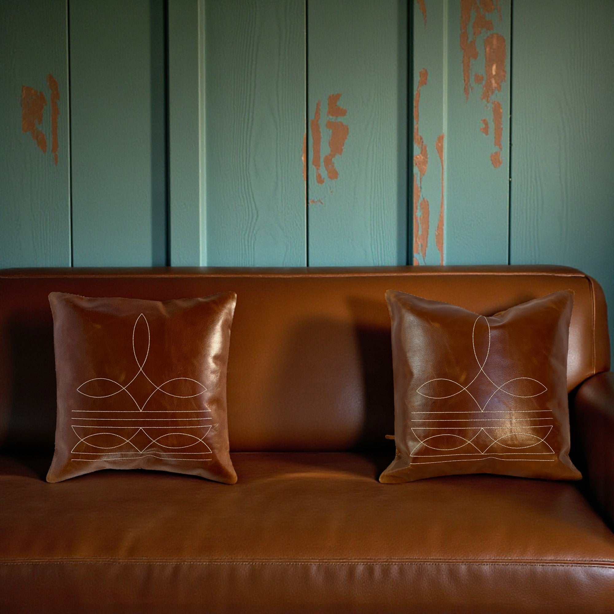18x18 Genuine Leather Pillow Cover Rancho Boot Stitch Pillow Cover - Ranch Junkie Mercantile LLC 