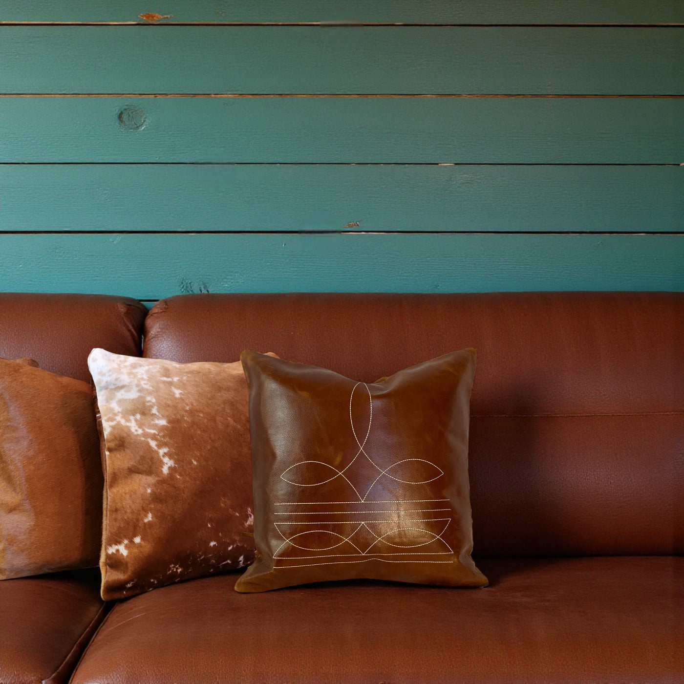 18x18 Genuine Leather Pillow Cover Rancho Boot Stitch Pillow Cover - Ranch Junkie Mercantile LLC 