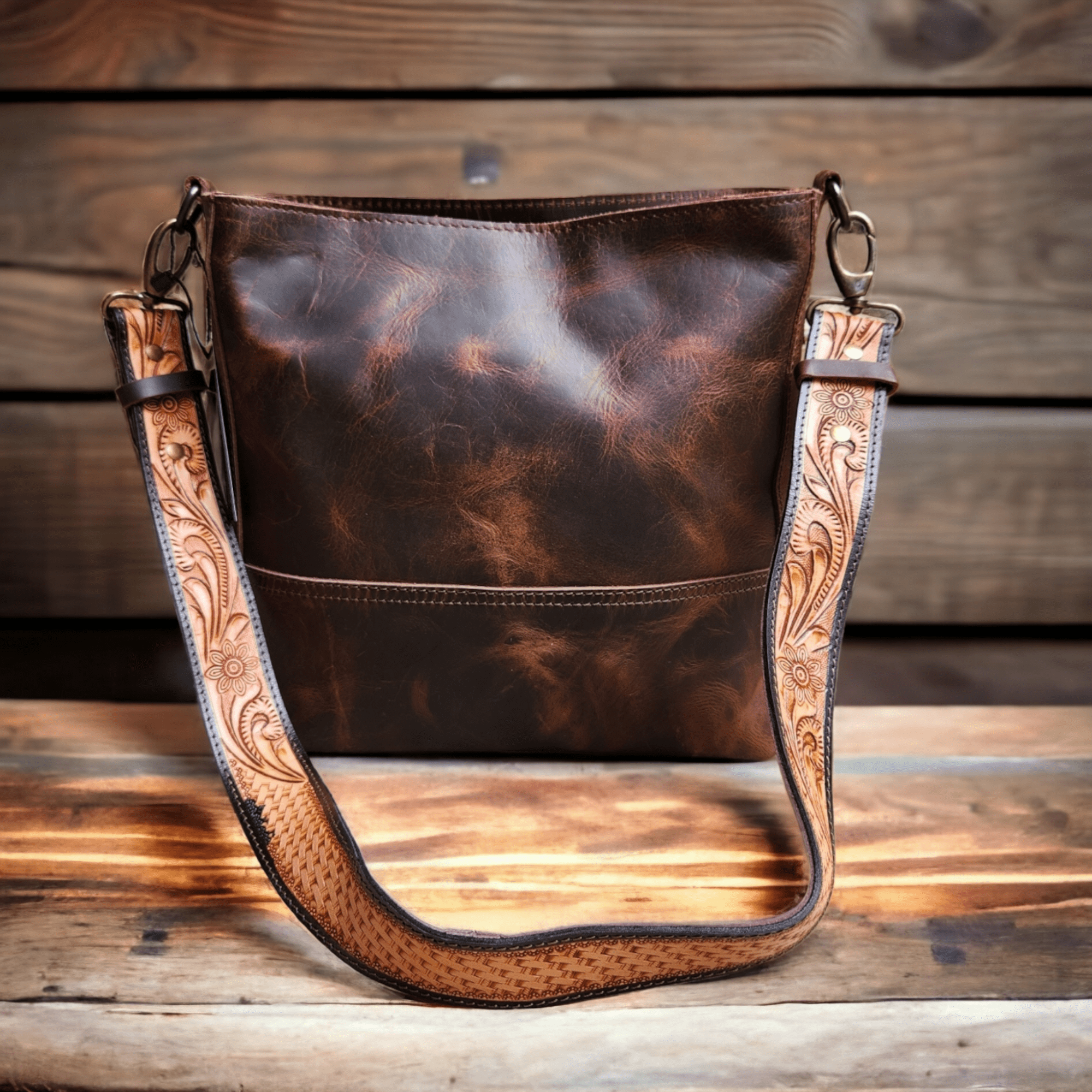 Rancho Detachable Belt Strap Bucket Purse Leather Handbag - Genuine Leather Purse - Ranch Junkie Mercantile LLC