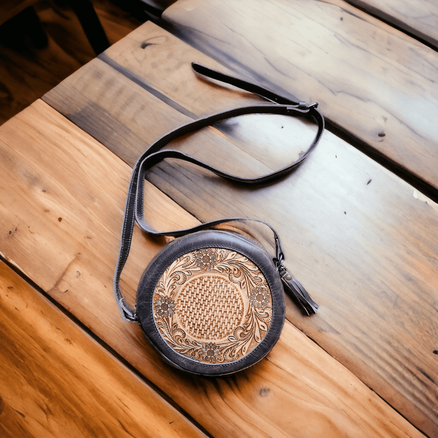 The Rancho Canteen Burnished Tan Hand-Tooled Leather Crossbody - Ranch Junkie Mercantile LLC