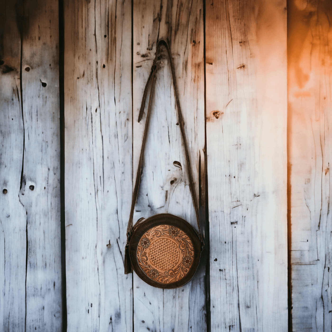 The Rancho Canteen Burnished Tan Hand-Tooled Leather Crossbody - Ranch Junkie Mercantile LLC