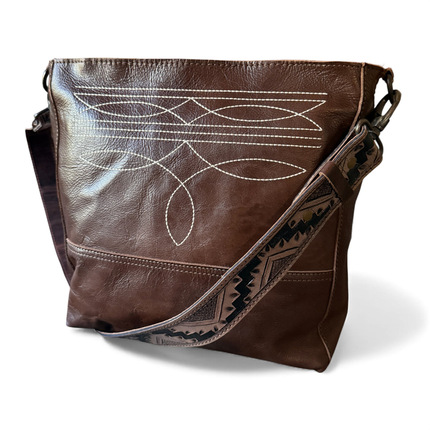 Rancho Boot Stitch Genuine Leather Bucket Purse w/ Tooled Leather Strap - Ranch Junkie Mercantile LLC 