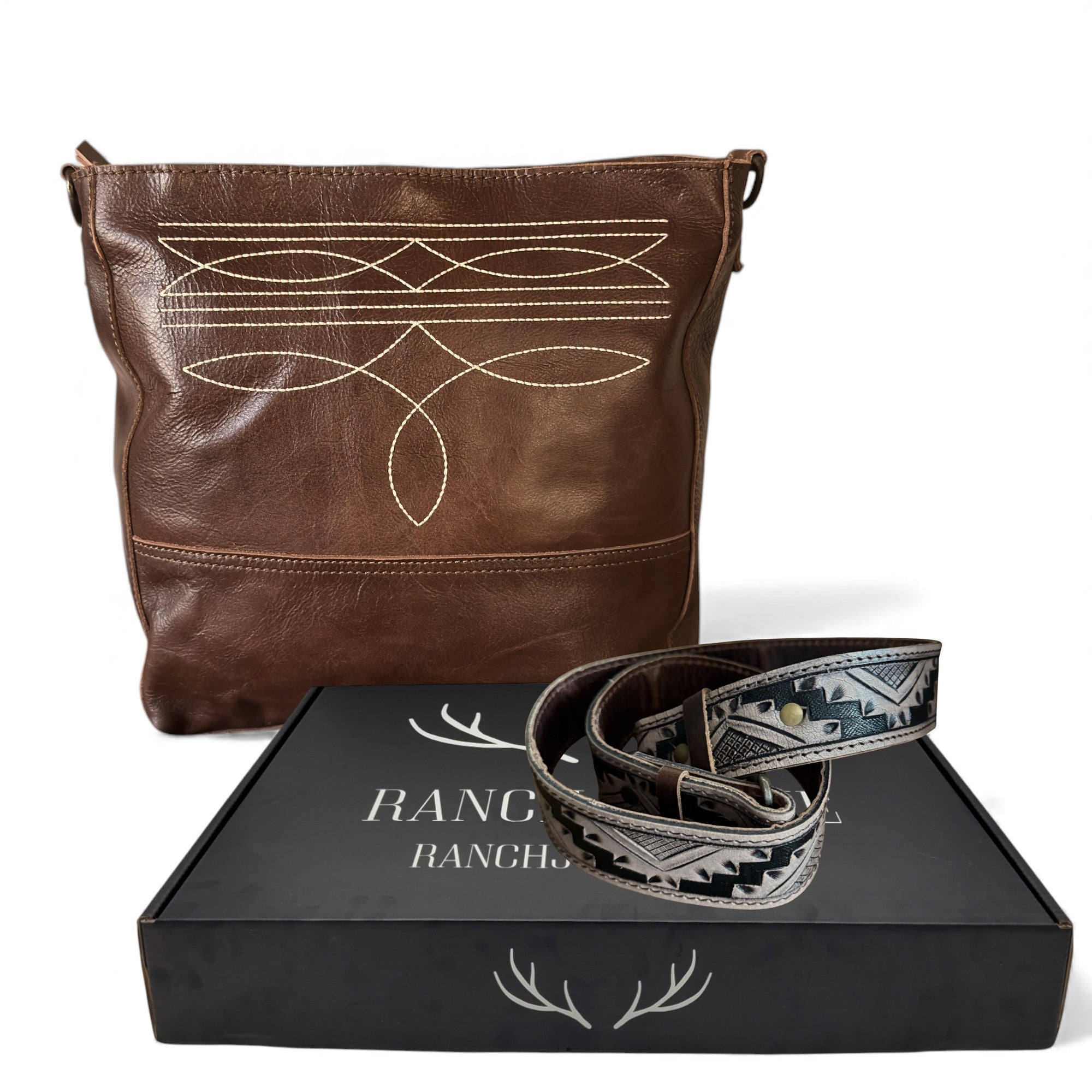 Rancho Boot Stitch Genuine Leather Bucket Purse w/ Tooled Leather Strap - Ranch Junkie Mercantile LLC 