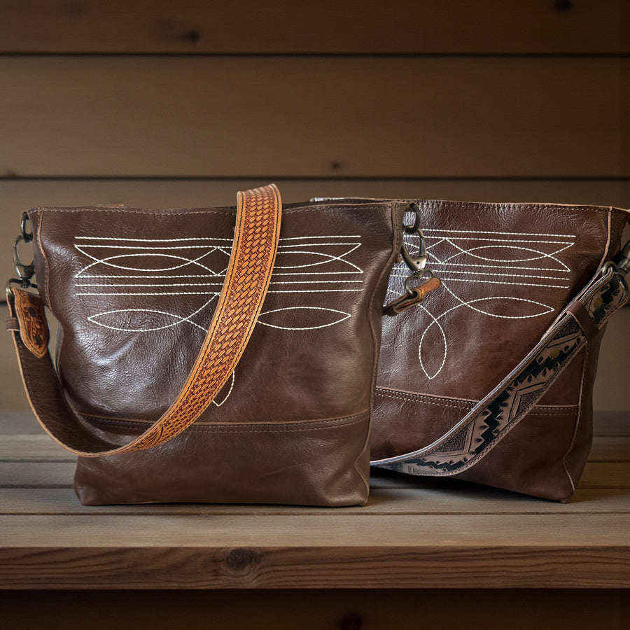 Rancho Boot Stitch Genuine Leather Bucket Purse w/ Tooled Leather Strap - Ranch Junkie Mercantile LLC 