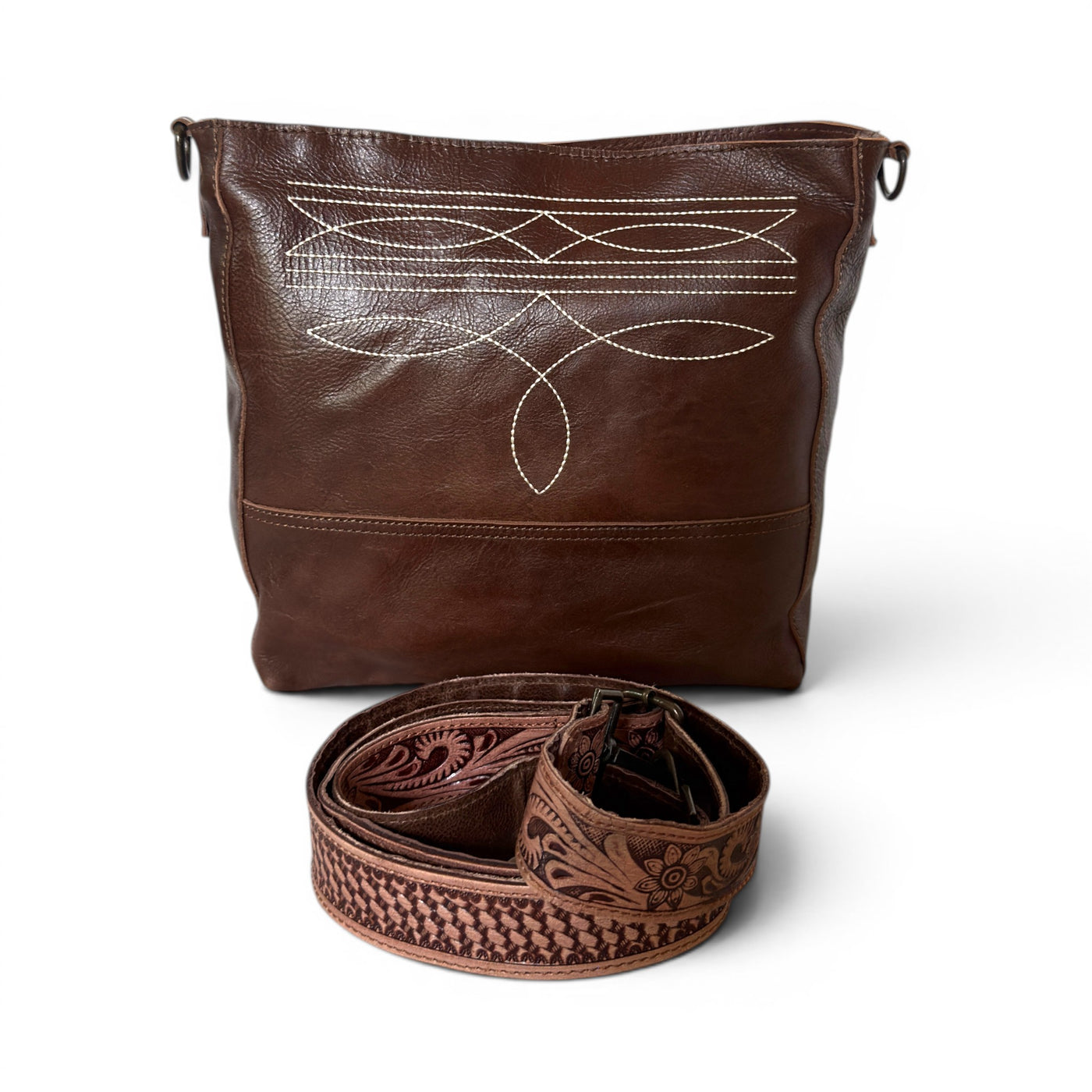 Rancho Boot Stitch Genuine Leather Bucket Purse W/ Tooled Leather Adjustable Strap
