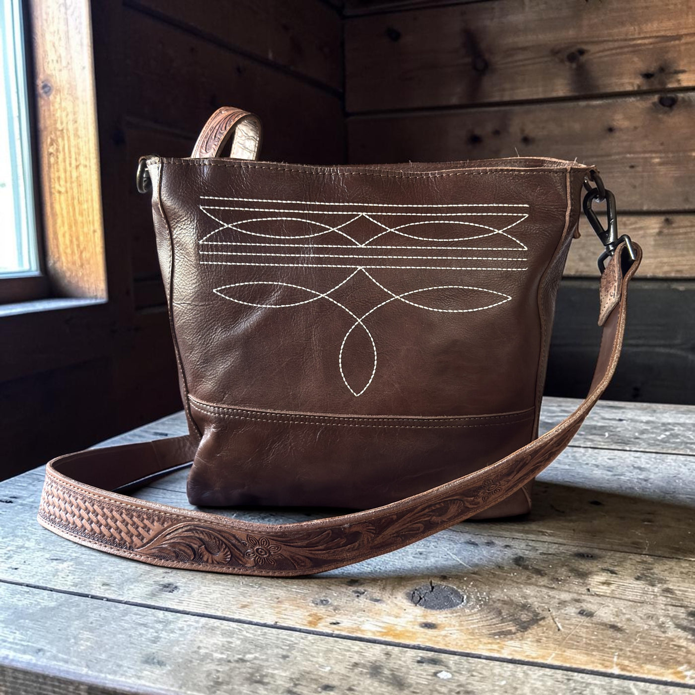 Rancho Boot Stitch Genuine Leather Bucket Purse w/ Tooled Leather Adjustable Strap - Ranch Junkie LLC 