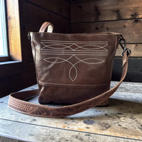 Rancho Boot Stitch Genuine Leather Bucket Purse w/ Tooled Leather Adjustable Strap - Ranch Junkie LLC 