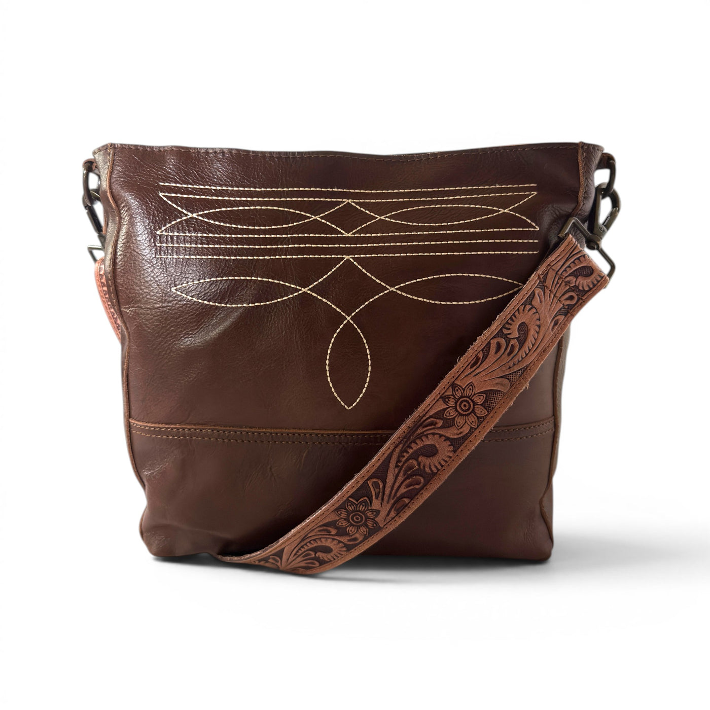 Rancho Boot Stitch Genuine Leather Bucket Purse W/ Tooled Leather Adjustable Strap