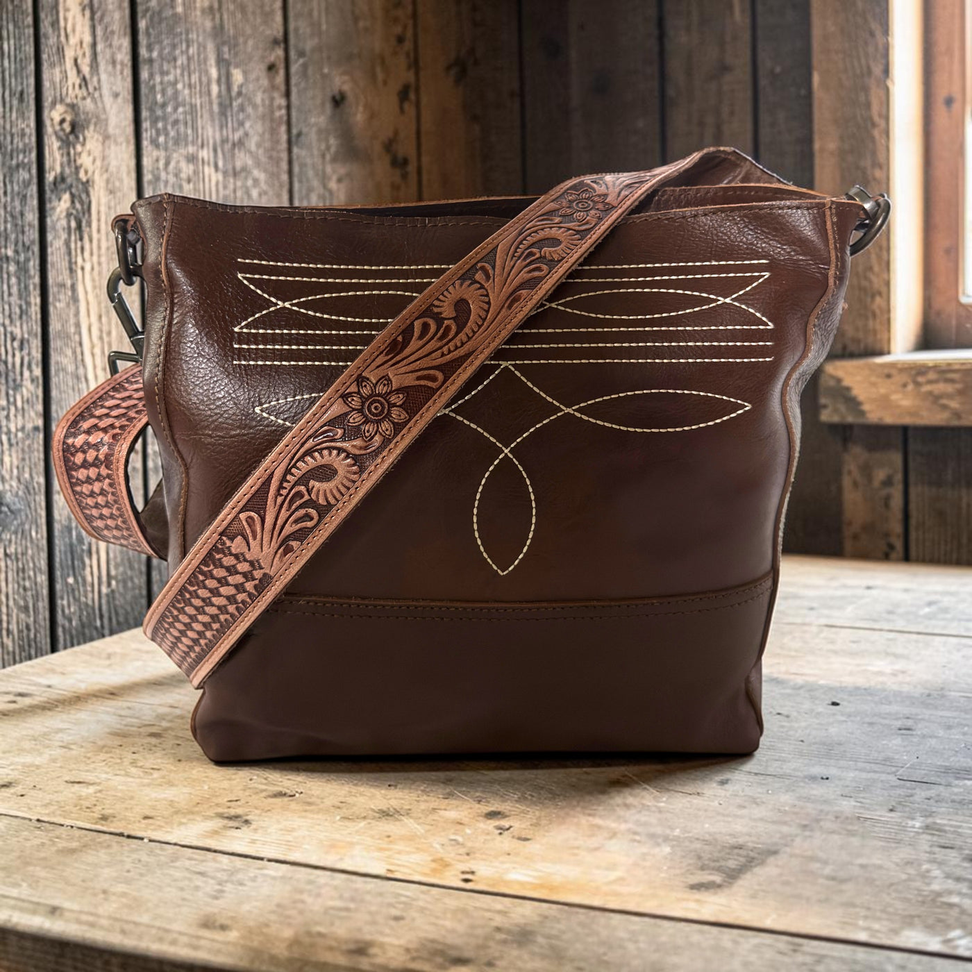 Rancho Boot Stitch Genuine Leather Bucket Purse W/ Tooled Leather Adjustable Strap
