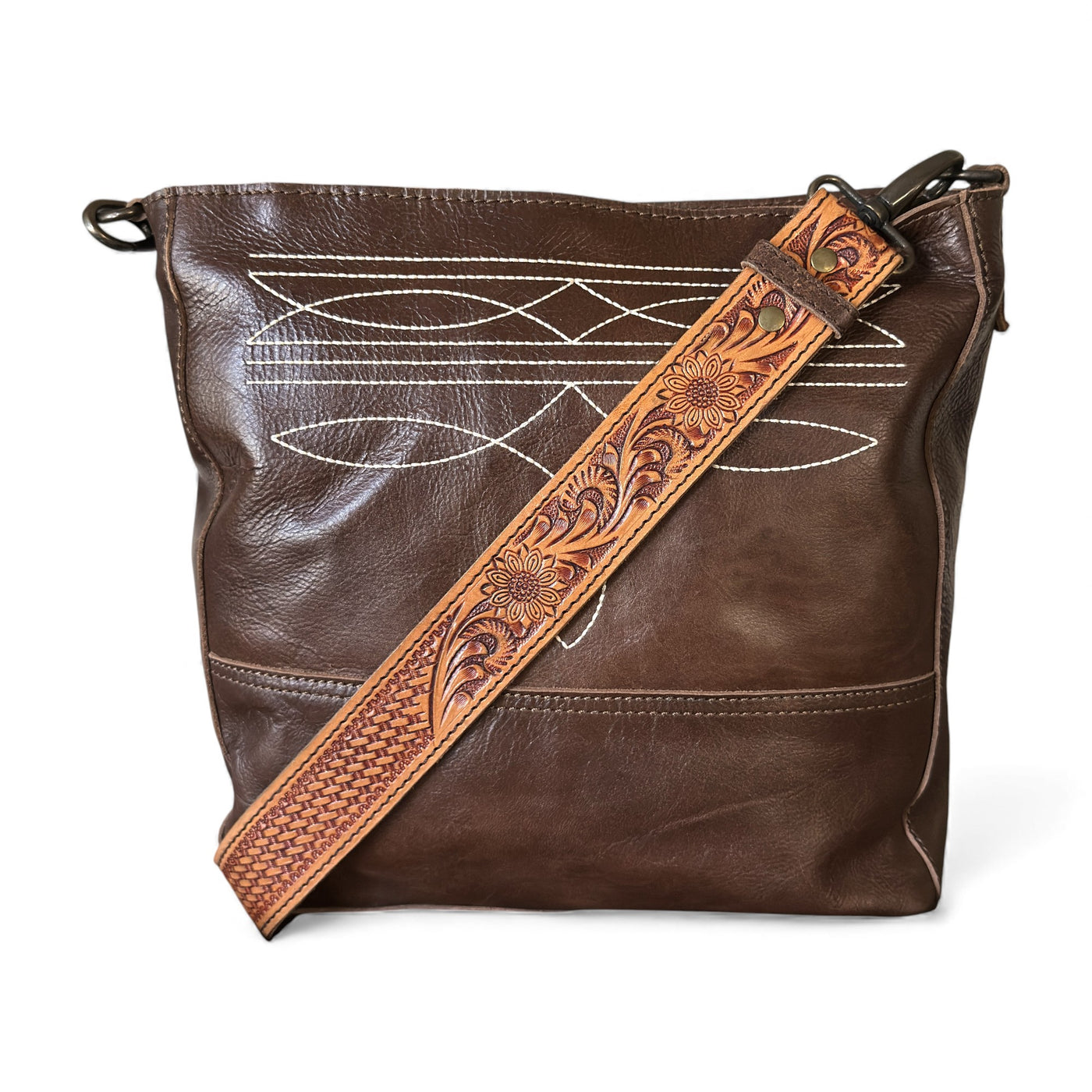 Rancho Boot Stitch Genuine Leather Bucket Purse w/ Tooled Leather Strap - Ranch Junkie Mercantile LLC 