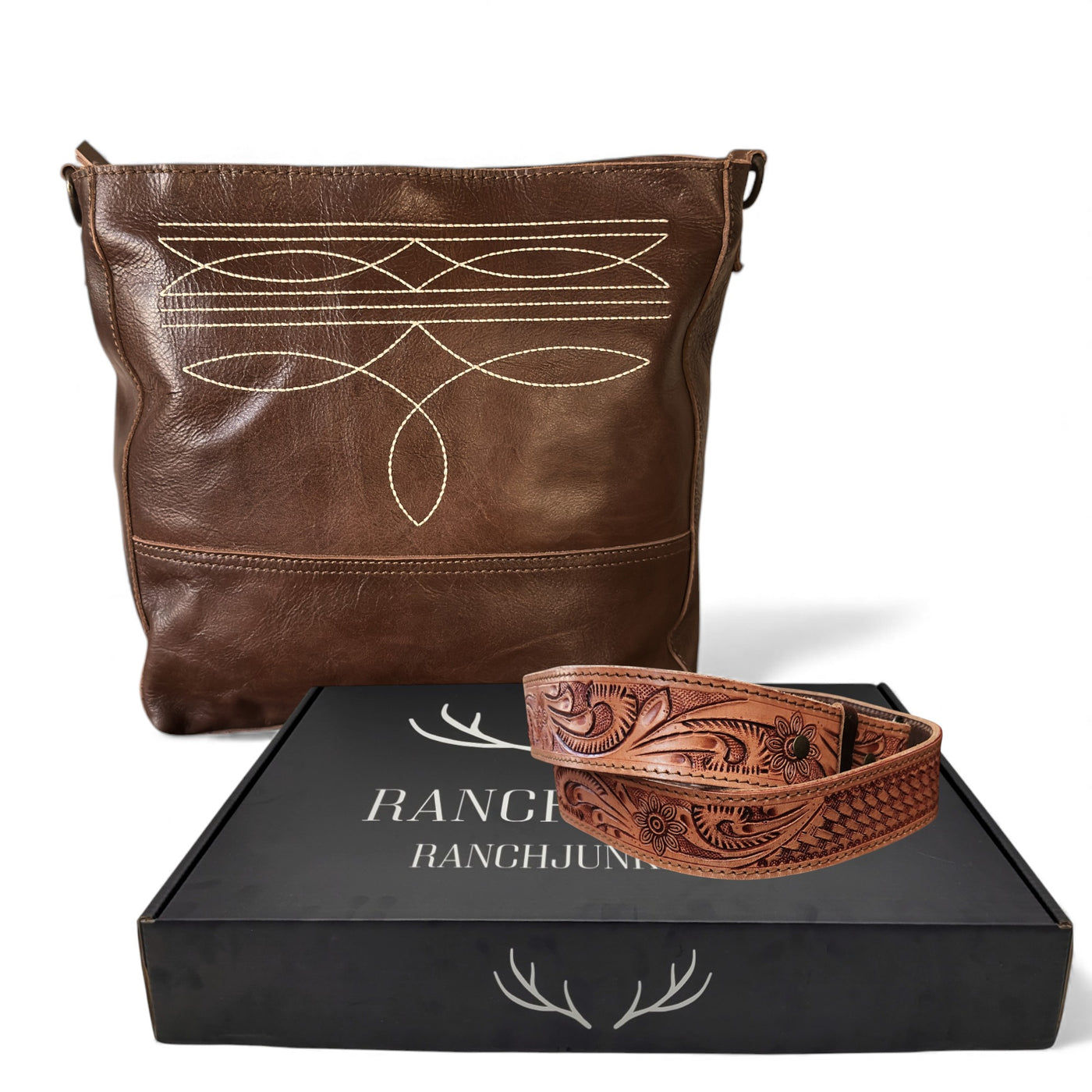 Rancho Boot Stitch Genuine Leather Bucket Purse w/ Tooled Leather Strap - Ranch Junkie Mercantile LLC 
