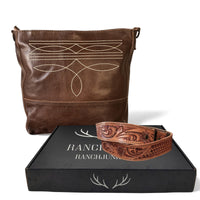 Rancho Boot Stitch Genuine Leather Bucket Purse w/ Tooled Leather Strap - Ranch Junkie Mercantile LLC 